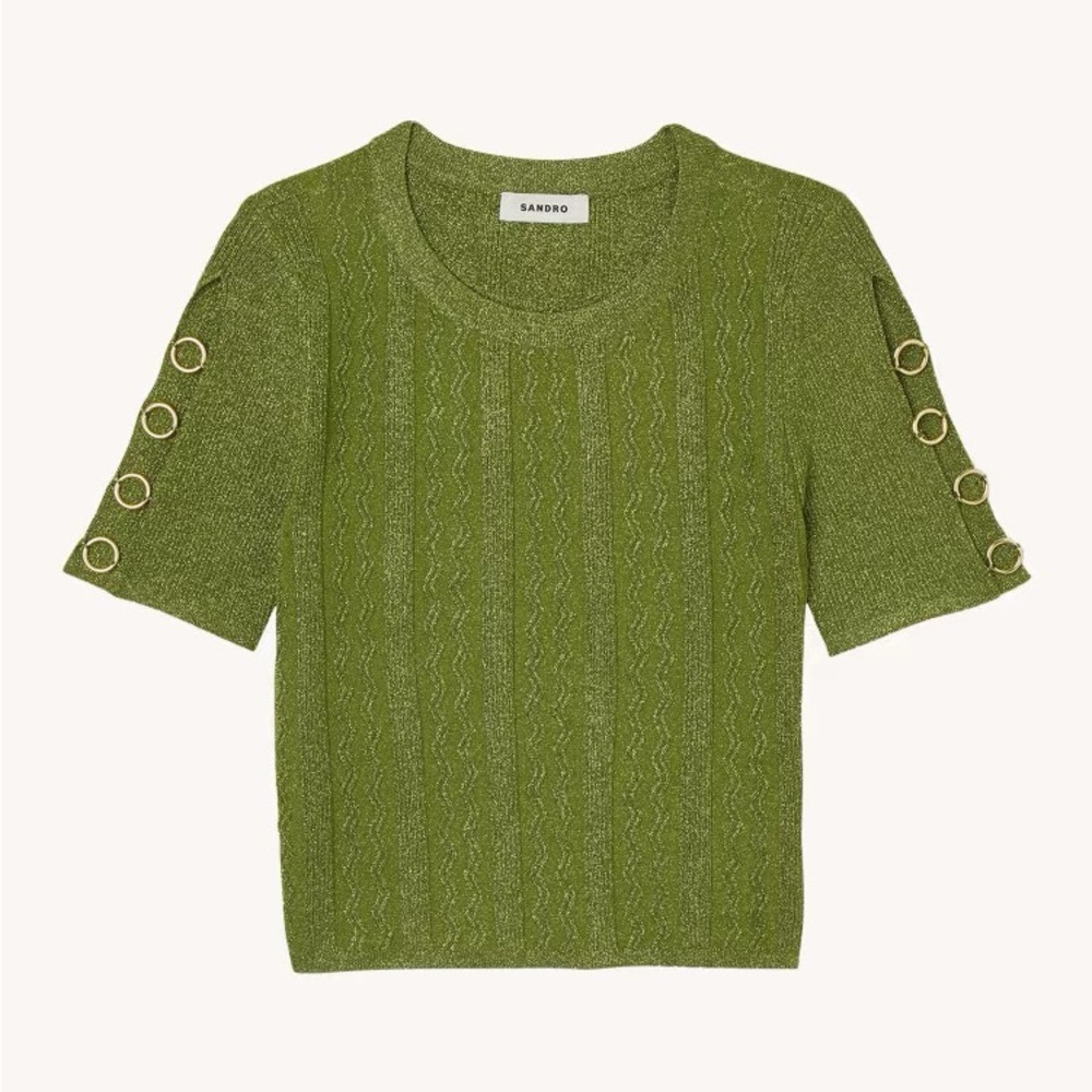 Sandro Olive Knit Top with Button Accents